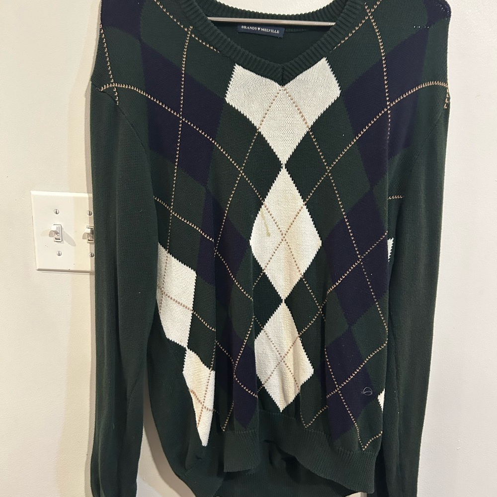 Brandy Melville Dark Green and White Argyle V-Neck Sweater